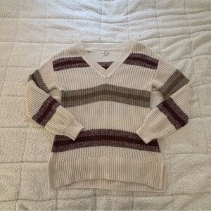 Reitmans Striped V-Neck Sweater - Cream, Brown, Burgundy